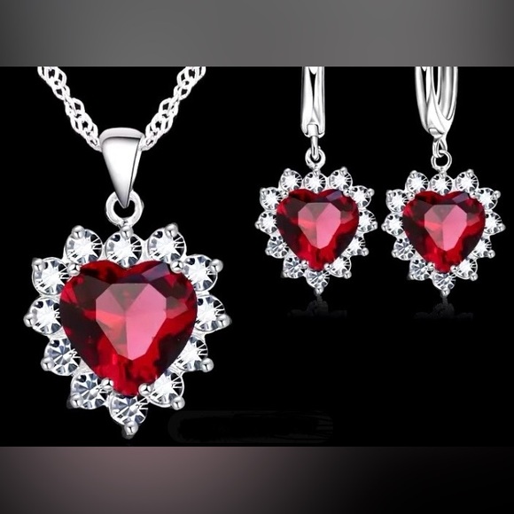 Jewelry - Sterling Silver Cubic Zirconia Red Heart Earring Necklace Set
